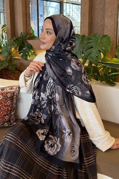 Çiçek Desen Bambu Şal Siyah