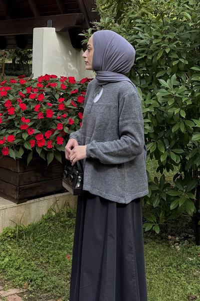 Yakası Bağcıklı Triko Kazak Antrasit