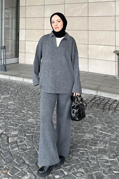Yaka Detay İkili Tesettür Takım Antrasit