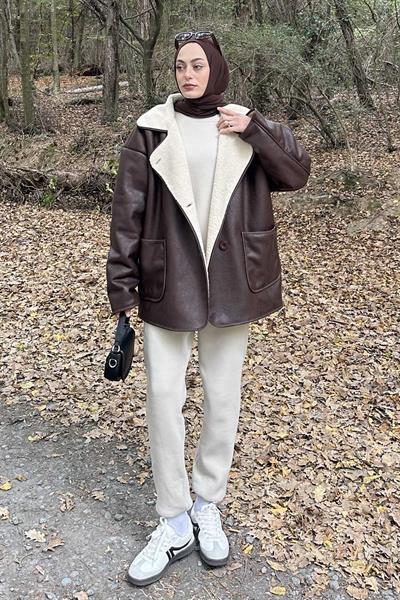 Ön Cep Detaylı Süet Mont Acı Kahverengi