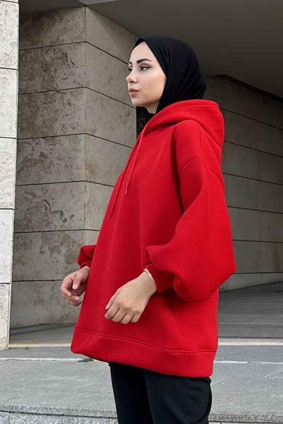 Üç İplik Balon Kol Sweatshirt Kırmızı