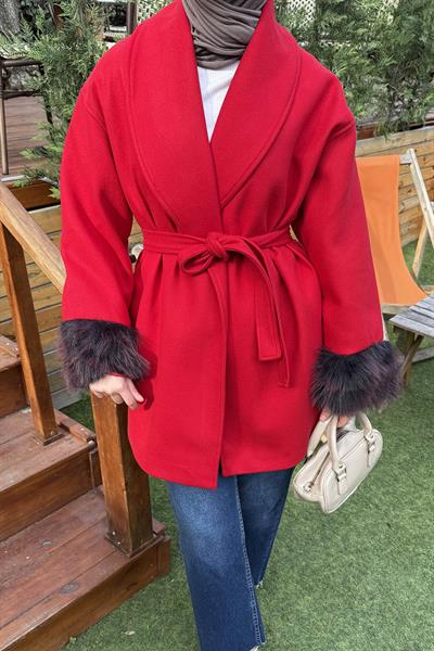 Kol Kürk Detaylı Kaşe Kaban Nar çiçeği