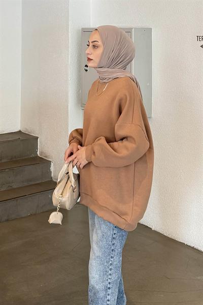 Jasmin Bisiklet Yaka Oversize Sweat Camel