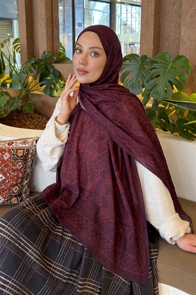 Geometrik Desen Bambu Şal Koyu Bordo