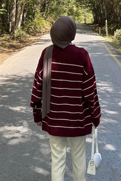 Çizgili Triko Kazak Bordo