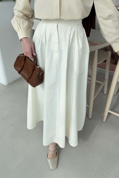 Cep Detaylı Kloş Keten Etek Krem