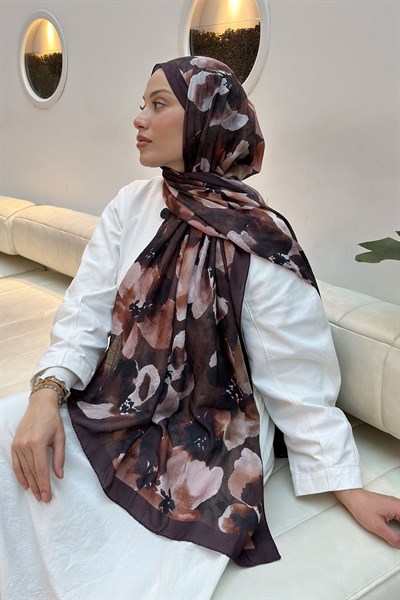 Batik Çiçek Desen Bambu Şal Kahverengi