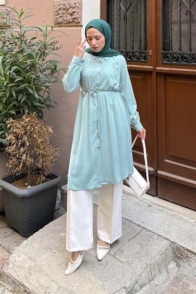 Bağlama Detaylı Uzun Tesettür Tunik Mint Yeşili