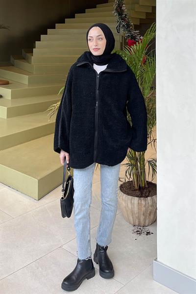 Biye Detaylı Tedy Peluş Mont Siyah