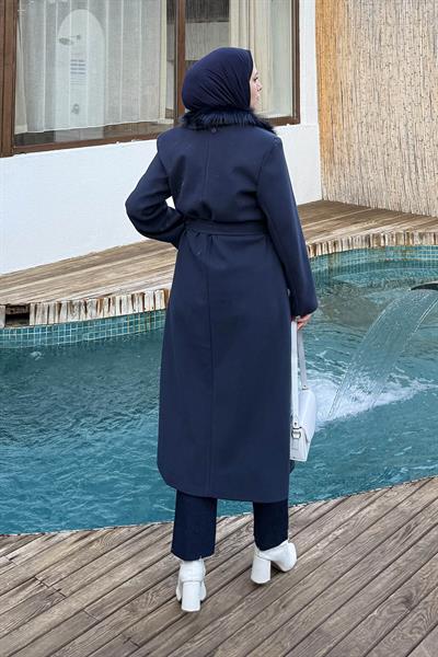 Kürk Yakalı Kaban Lacivert