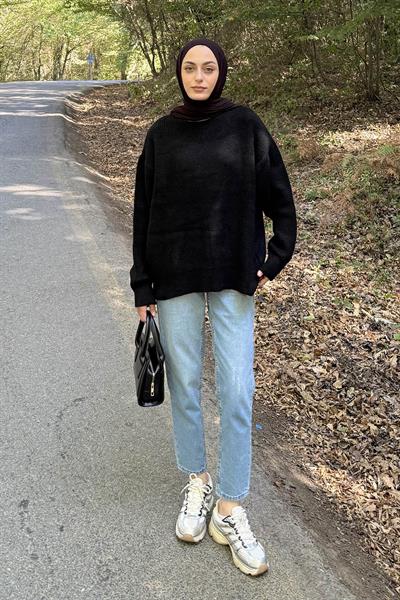 İnce Örgülü Kazak Siyah