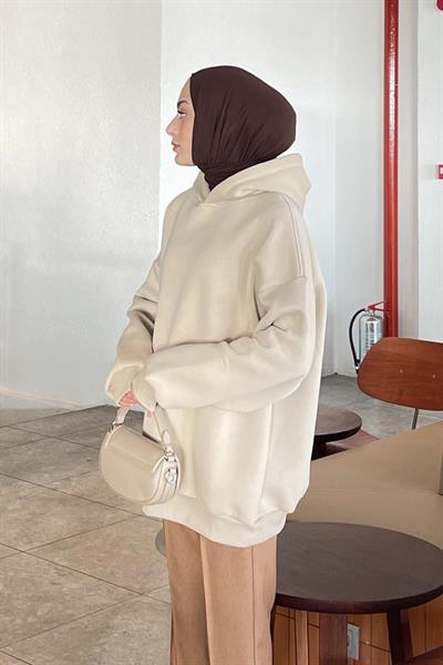 Kapüşonlu Salaş Sweatshirt Bej
