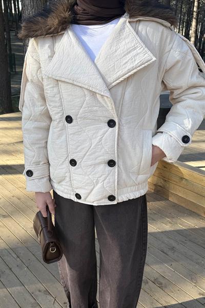 Kürk Yaka Düğmeli Mont Taş