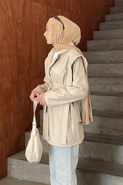 Kruvaze Yaka Kuşaklı Deri Ceket Krem