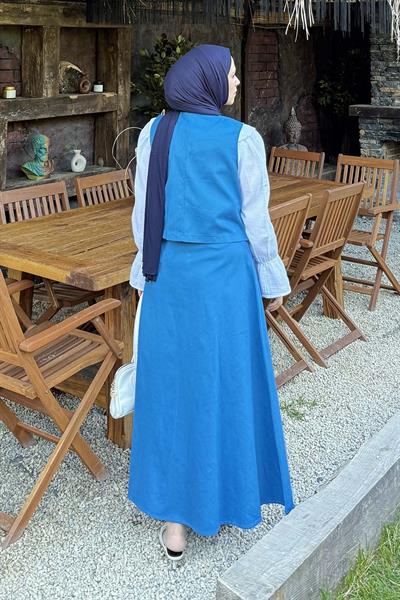 Gabardin Yelek-Etek İkili Tesettür Takım Mavi