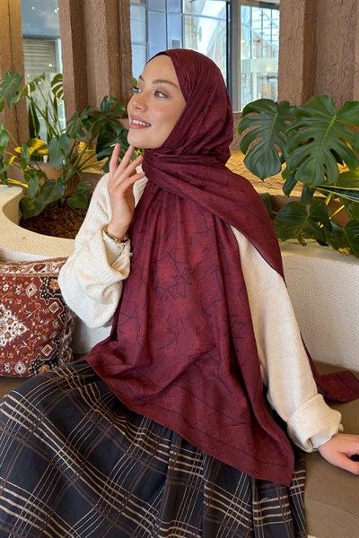 Geometrik Desen Bambu Şal Bordo