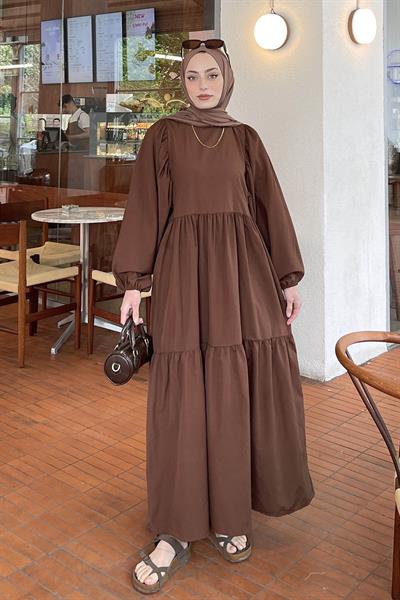 Balon Kol Katlı Yazlık Elbise Acı Kahverengi