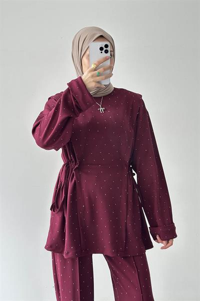 Tünel Detaylı Taşlı Takım Bordo