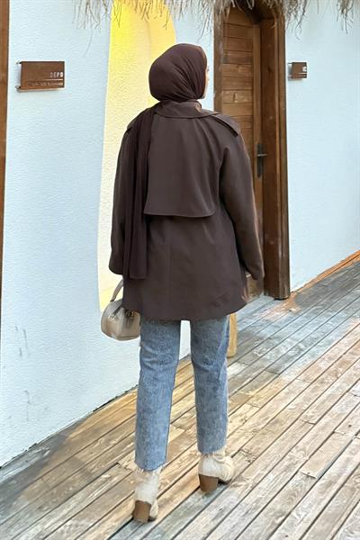 Omuz Apoletli Kısa Trençkot Acı Kahverengi