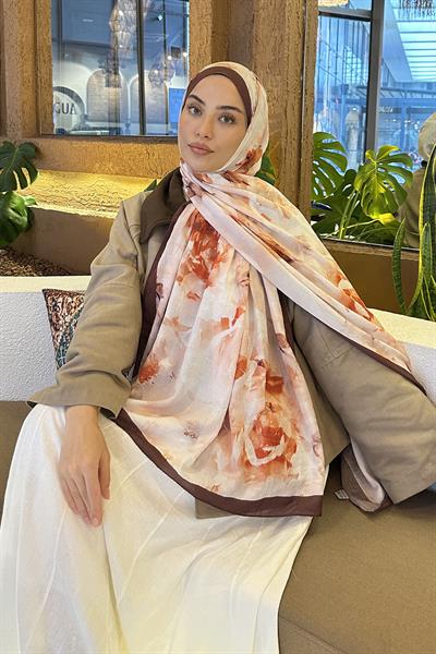 Gül Desen Bambu Şal Kahverengi