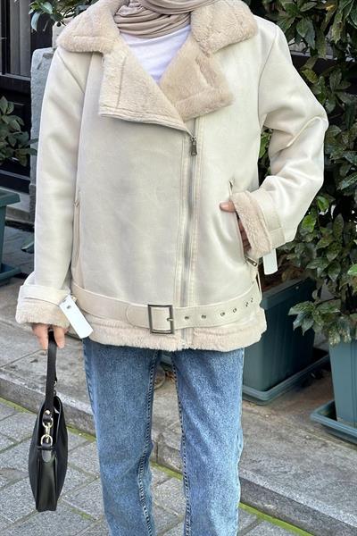 Kürk Detaylı Süet Mont Taş