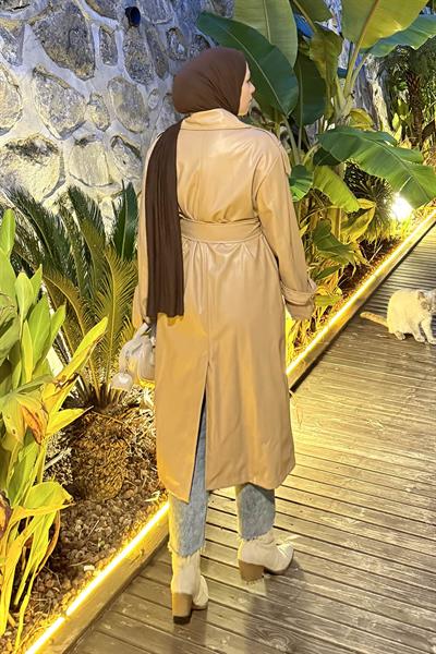 Omuz Apoletli Deri Trençkot Sütlü Kahve