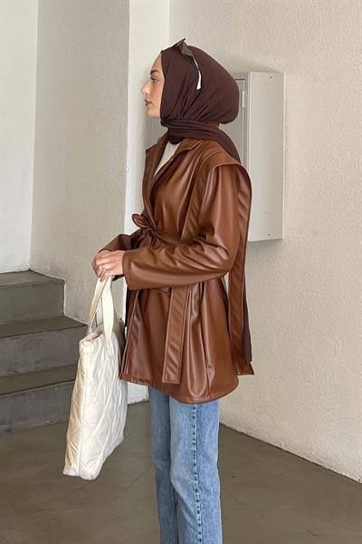 Kruvaze Yaka Kuşaklı Deri Ceket Kahverengi