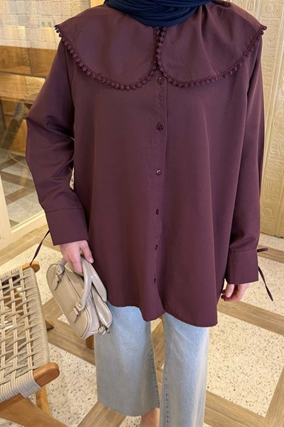 Bebe Yaka Dantel Detaylı Gömlek Mürdüm