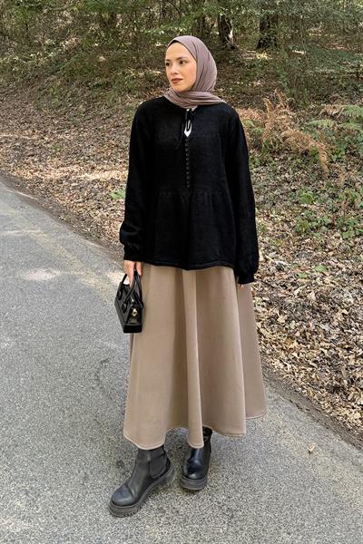 Yaka Bağlama Detaylı Kazak Siyah