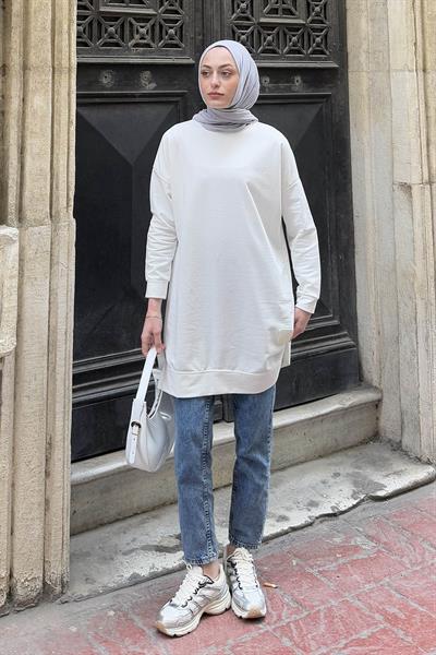 İki iplikli Arma Detaylı Sweat Tunik Beyaz