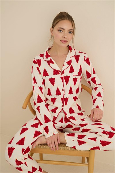 Desenli Pijama Takımı Ekru