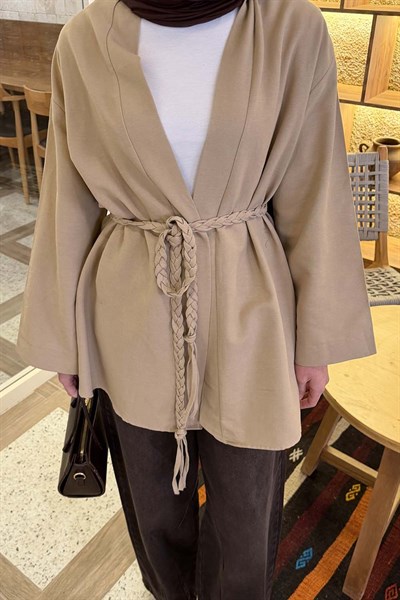 Örgü Bağlamalı Kimono Ceket Bej