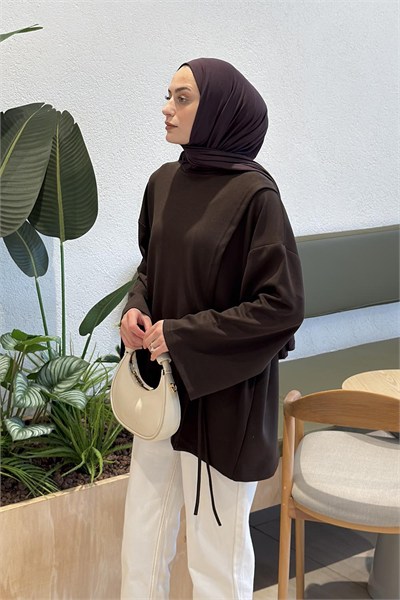 Yan Biye Bağlamalı Tunik Kahverengi