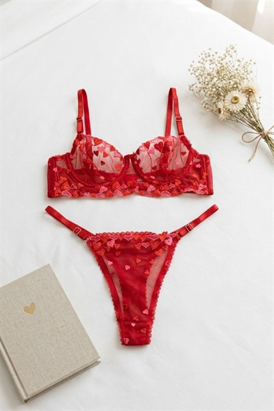 Kalp Desen Bralet Takım Sütyen Takımı Kırmızı
