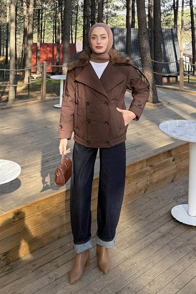 Kürk Yaka Düğmeli Mont Çikolata Kahve