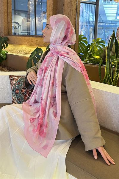 Gül Desen Bambu Şal Şeker Pembesi