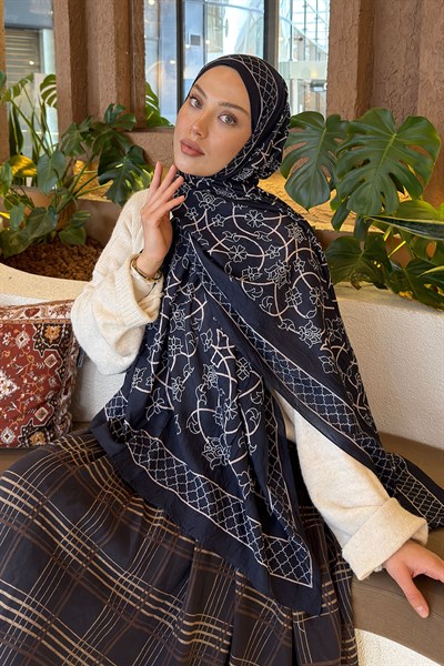 Geometrik Desen Bambu Şal Lacivert