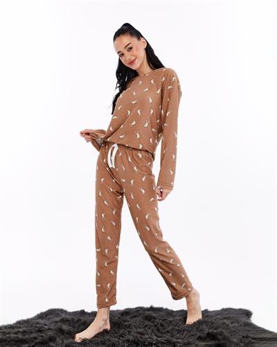Desenli Pijama Takımı Çikolata Kahve