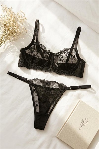 Dantel Desenli  Sütyen Takım Siyah