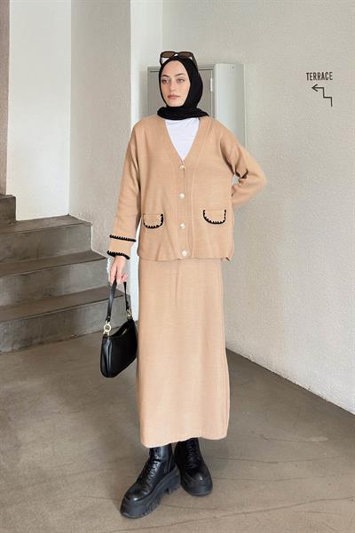 Etek-Hırka Tesettürlü Triko Takım Sütlü Kahve