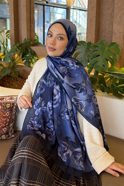 Çiçek Desen Bambu Şal Lacivert