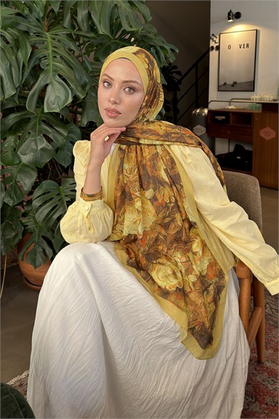 Vintage Flower Desen Bambu Şal Yağ Yeşili