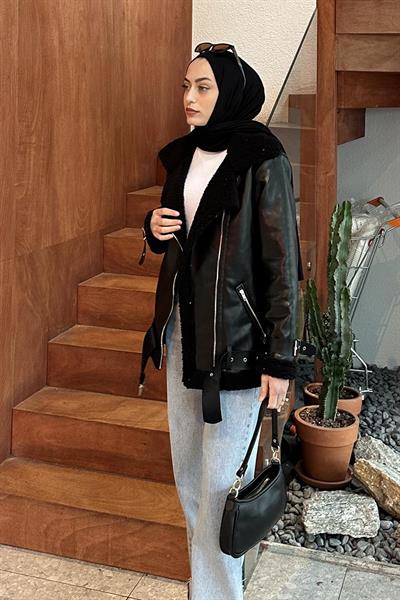 İçi Kuzu Kürklü Deri Mont Siyah