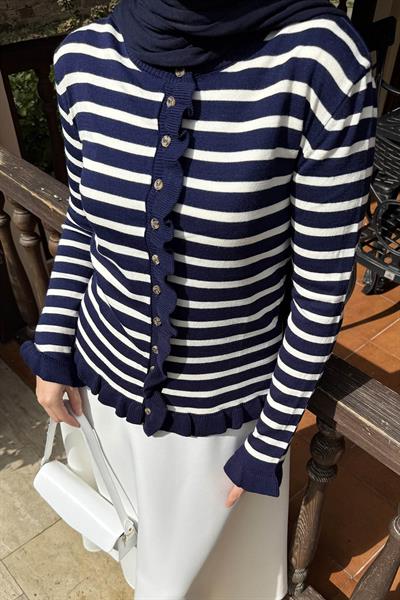 Fırfırlı Çizgili Hırka Lacivert