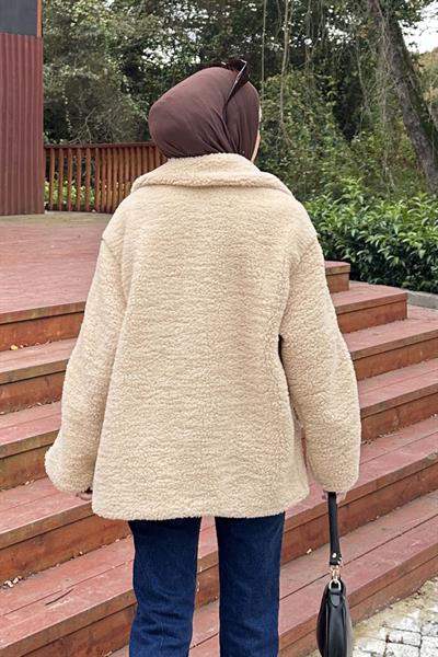 Biye Detaylı Tedy Peluş Mont Sütlü Kahve