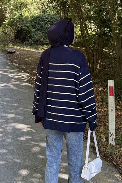 Çizgili Triko Kazak Lacivert