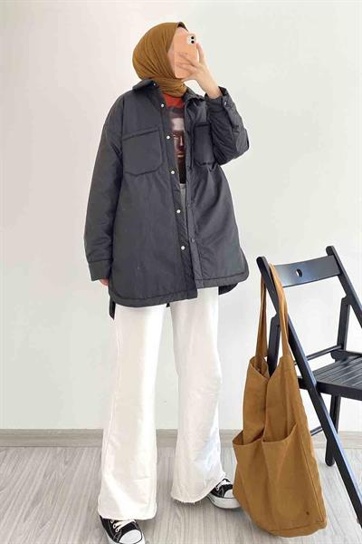 Çift Cepli Boydan Düğmeli Gizli Cepli Mont Siyah