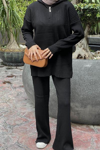 Fermuar Detaylı Pantolon Tesettür Takım Siyah