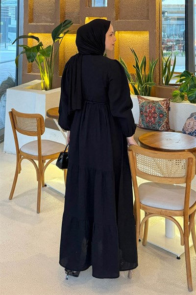 Bel Büzgülü Tesettür Elbise Siyah