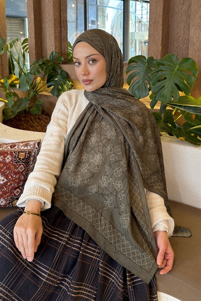 Geometrik Desen Bambu Şal Haki